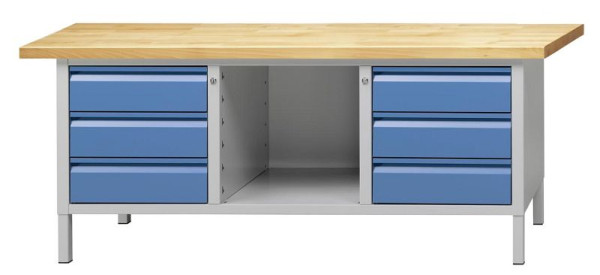 Établi d'armoire ANKE; 2000x700 mm; RAL 7035/5012; 3 tiroirs à gauche; Compartiment ouvert au milieu; Droite 3 tiroirs