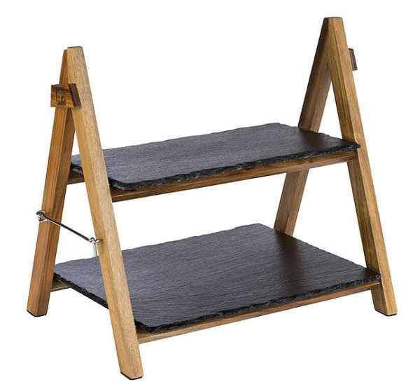 APS support de service, 2 étages, 36,5 x 26,5 cm, hauteur : 34 cm, ardoise naturelle, bois d'acacia, set de 3 pièces, 00958
