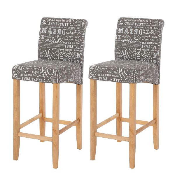 Ensemble de 2 tabourets de bar Mendler HWC-C33, tabouret de bar, bois, lettrage, gris, pieds légers, tissu/textile, 33722