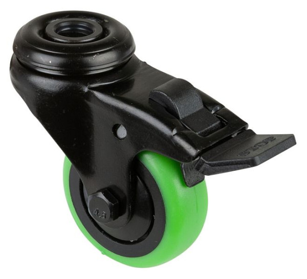 BS Castors Roulette pivotante avec frein noir, roue en caoutchouc thermoplastique vert, roulement à billes, trou arrière, diamètre : 50 mm, lot de 8, A821.A85.050.04