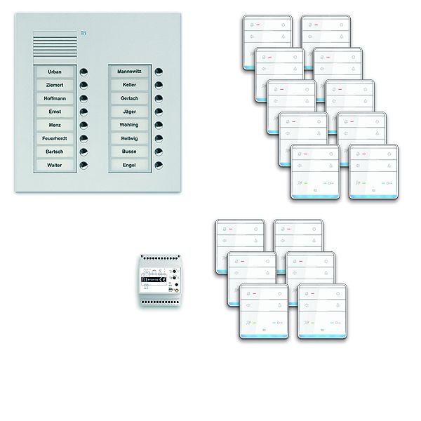 Système de commande de porte audio TCS : pack UP pour 16 unités résidentielles, poste extérieur PUK 16 boutons de sonnerie 2 colonnes, 16x haut-parleur mains libres ISW5010, commande, PPUF16 / 2-EN / 01