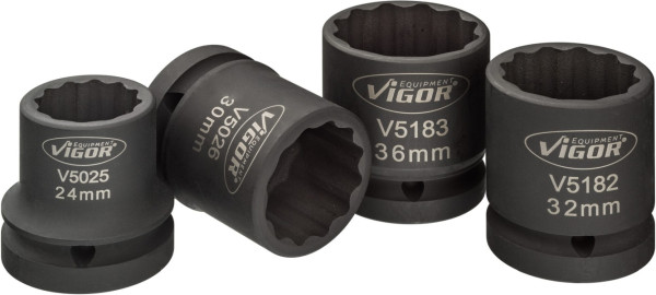 Jeu de douilles pour clés à chocs VIGOR, carré creux 20 mm (3/4"), profil extérieur double six pans, 24, 30, 32, 36, nombre d'outils : 4, V5024