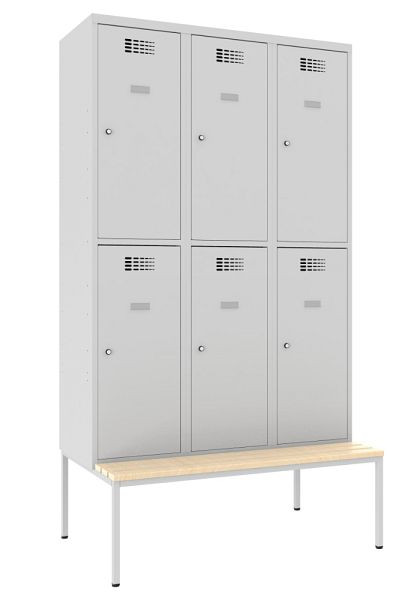 Armoire KEMMLIT 3 compartiments et 6 portes 30 cm avec banc, gris clair 7035, loquet rotatif, 100331