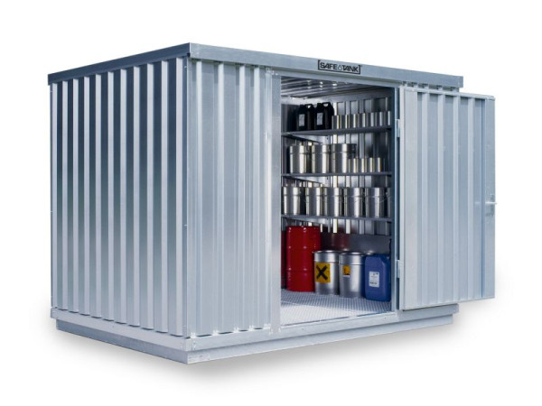 SÄBU SAFE Tank 1000, verzinkt, montiert, nicht isoliert, WGK, für Innen u. Außen, 3050x2170x2350 mm, Einflügeltür mittig auf 3m Seite, F319810101-F911