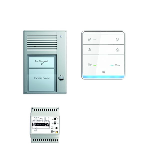 Système de commande de porte audio TCS : pack AP pour 1 unité résidentielle, avec poste extérieur PAK 1 bouton de sonnerie, 1x haut-parleur mains libres ISW5010, unité de contrôle BVS20, PSC2310-0000