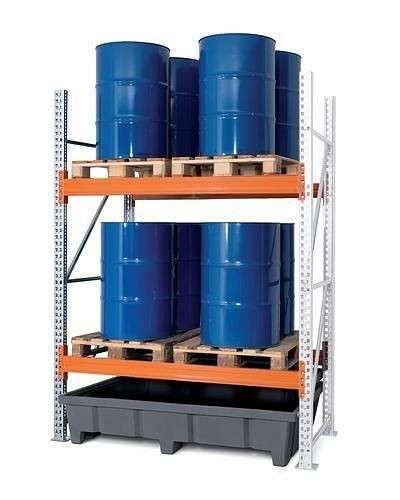 Rayonnage à palettes DENIOS PRP 18.25 pour 4 palettes Euro ou 2 palettes chimiques, 2 niveaux, baie supplémentaire, 266-316