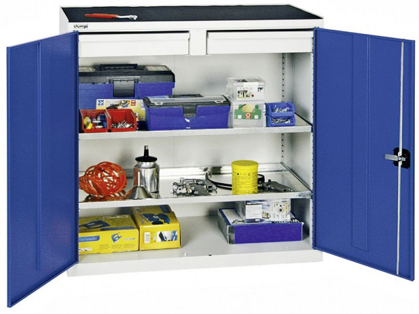 armoire à outils et matériaux contondants série 2000, 7035/5010, 2 tiroirs, 2 étagères partout, 2007274