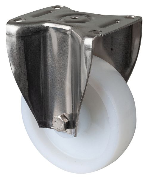 BS Rolls Roulette robuste en acier inoxydable, roulette fixe, largeur 45 mm, Ø150 mm, jusqu'à 450 kg, bande de roulement/corps de roue en plastique, roulement à rouleaux en acier inoxydable, HS110.B14.151