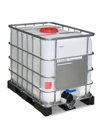 Conteneur pour marchandises dangereuses DENIOS IBC, palette PE, 600 l, ouverture NW225, sortie NW80, 266-163