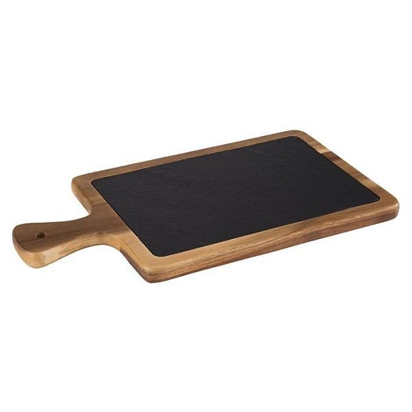 Planche de service APS, 2 parties, 26 x 18 cm, hauteur : 2 cm, bois d'acacia, ardoise naturelle, manche : 8 cm, avec trou de suspension : Ø 1 cm, 00810