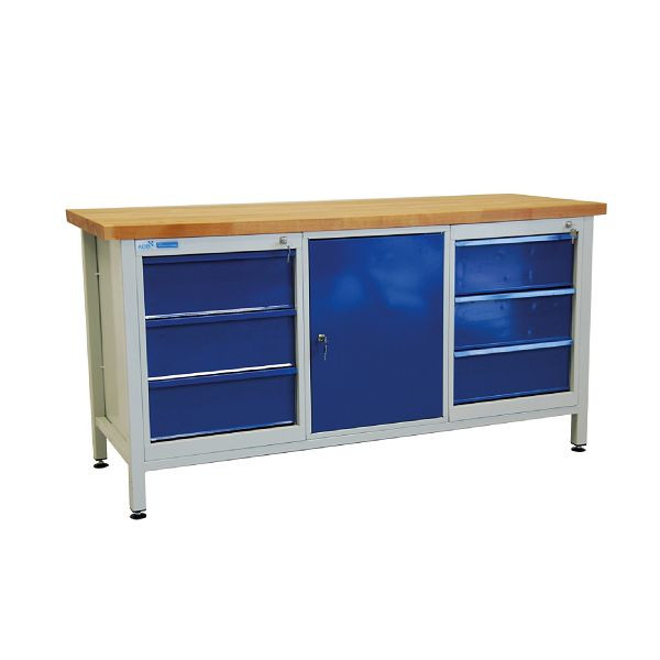 Etabli ADB 6 tiroirs + 1 porte, dimensions : LxlxH 1700x600x840 mm, couleur table de travail : gris clair, RAL 7035, couleur porte/tiroir : bleu clair (RAL 5012), 42738