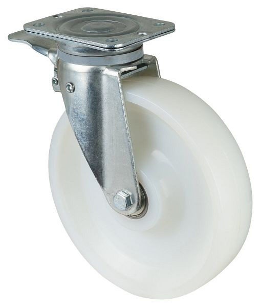 Roues BS Roulette robuste avec frein, largeur de roue 60 mm, Ø roue 250 mm, capacité de charge 600 kg, bande de roulement/corps de roue en plastique, roulements à billes, N120.B15.250