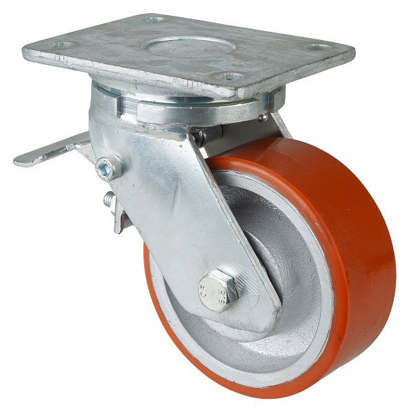 Roulettes BS Roulette robuste avec roue/blocage, largeur 50 mm, Ø125 mm, jusqu'à 550 kg, polyuréthane coulé 95 Shore A, corps coulé, roulements à billes, RR120.C10.125