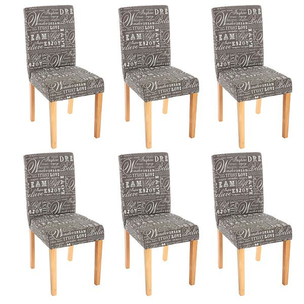 Ensemble de 6 chaises de salle à manger Mendler, chaises de cuisine, Littau, textile avec lettrage, gris, pieds légers, 33703+33689