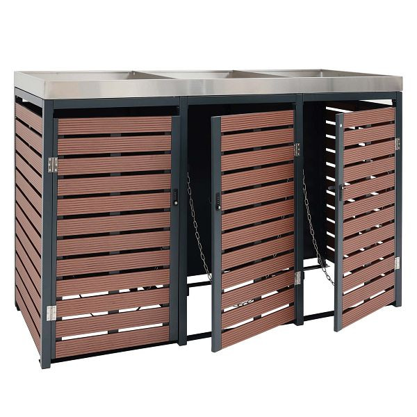 Mendler HWC-K14 Revêtement de poubelle à roulettes à 3 voies, poubelle à roulettes avec jardinière, 112x63x78cm acier inoxydable WPC 107kg, aspect bois de noyer, 87626+87627+87628