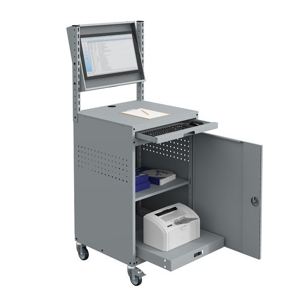 Meuble informatique SOFAME MODULINFO 695 x 660 x 1005 avec caisson moniteur inclinable et tablette coulissante sur roulettes, gris clair RAL 7035, W040010030GCGC