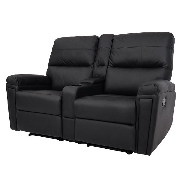 Chaise de cinéma 2 places Mendler HWC-K17, chaise relax, chaise TV, canapé, suspension nosag, compartiment porte-gobelet, simili cuir noir, 89372+89373+89374