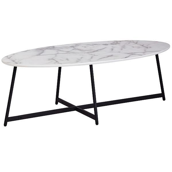 Wohnling Design table basse ovale 120x60 cm aspect marbre blanc, avec pieds en métal noir, WL6.004