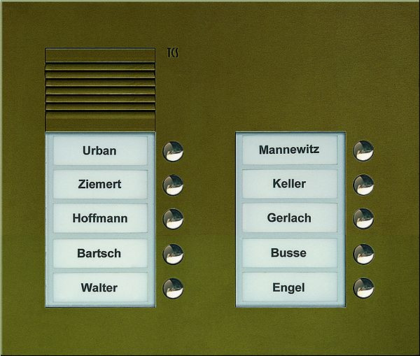 Station extérieure audio TCS série PUK 10 boutons de sonnette (alignés à droite), 2 colonnes, UP bronze, PUK10/2-EB