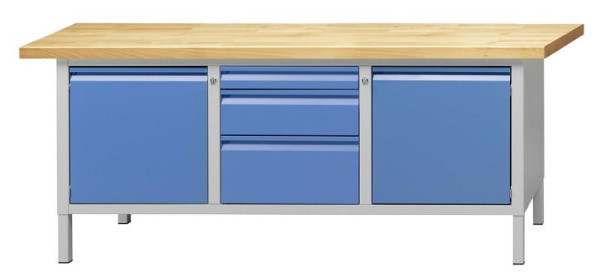 Établi d'armoire ANKE; 2000x700mm; RAL7035 / 5012; Gauche 1 porte 510 mm; Milieu 3 tiroirs 85,170,255mm; Droite 1 porte 510 mm