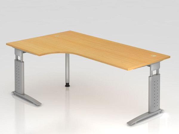 Table d'angle Hammerbacher pied C 200x120cm 90° hêtre/argent, forme d'angle 90°, chemin de câbles horizontal, peut être monté à gauche ou à droite, VUS82/6/S