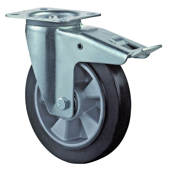 Rouleau de transport BS rollers avec frein, largeur 50 mm, Ø125 mm, jusqu'à 220 kg, pneus élastiques noirs, corps de roue en aluminium, roulements à billes, LSS420.B80.125
