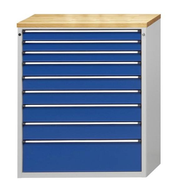 Armoire à outils ANKE; 1060x675x1280 mm; RAL 7035/5010; Baignoire avec tapis antidérapant; 9 tiroirs 90, 90, 90, 120, 120, 120, 150, 150, 270 mm, 610.510