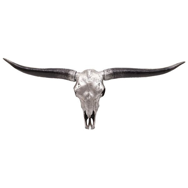 Tête de mort décorative Mendler 132cm HWC-A14, trophée de tête de taureau longhorn en polyrésine, intérieur/extérieur, argenté, 73414