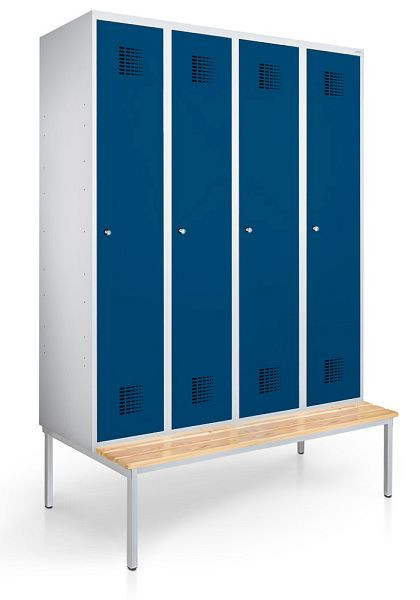 KEMMLIT vestiaire 4 compartiments 40cm avec banc, bleu gentiane 5010, loquet tournant, 100126