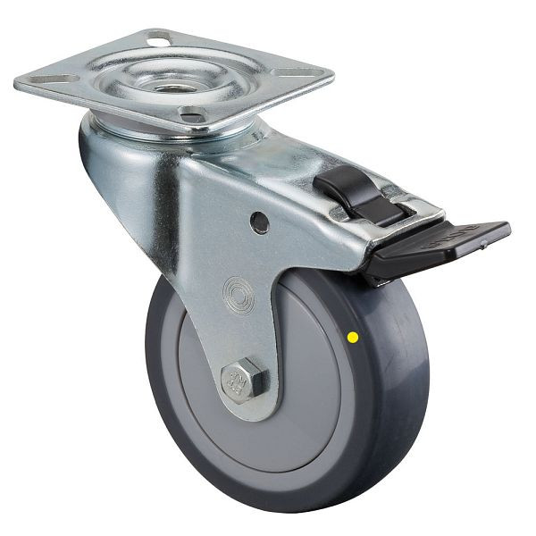 Rouleau d'appareil BS rollers, plaque, frein, largeur 24 mm, Ø75 mm, 60 kg, caoutchouc gris, conducteur d'électricité, roulement à billes, lot de 4, A320.A89.075