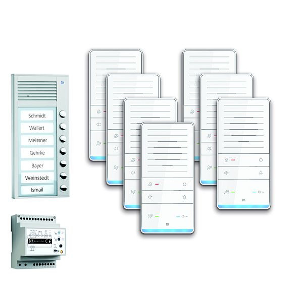 Système de commande de porte audio TCS : pack AP pour 7 unités résidentielles, avec poste extérieur PAK 7 boutons de sonnerie, 7x haut-parleur mains libres ISW5031, unité de contrôle BVS20, PAAF071 / 001