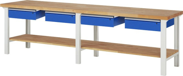 Etabli RAU série 7000 - conception modulaire, 4 tiroirs bas, étagère en hêtre massif, 3000x840x700 mm, 03-7002A7-307B4S.11