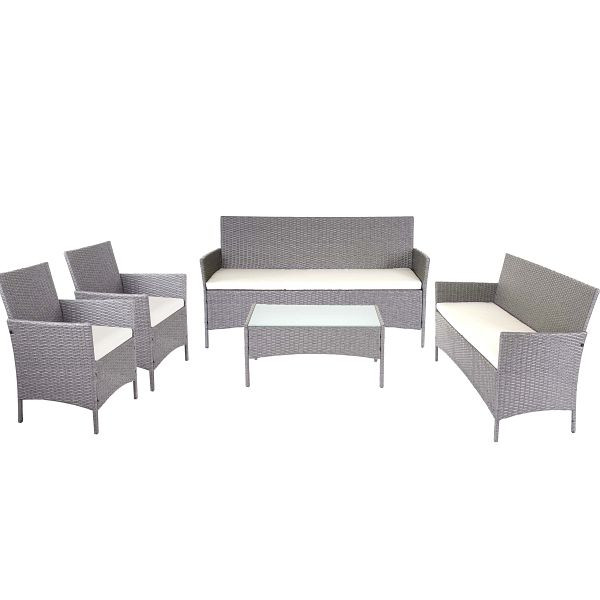 Mendler Halden 3-2-1-1 ensemble de jardin en rotin poly, salon, canapé, gris, coussins crème, 64303+64279+64287+64309