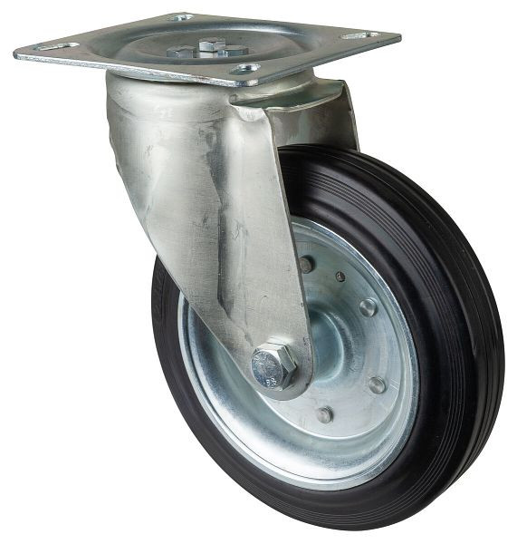 Rouleau de transport BS rollers, largeur de roue 60 mm, roue Ø 250 mm, capacité de charge 300 kg, caoutchouc noir, corps de roue jante en acier, roulement à rouleaux, plaque, L400.B55.251