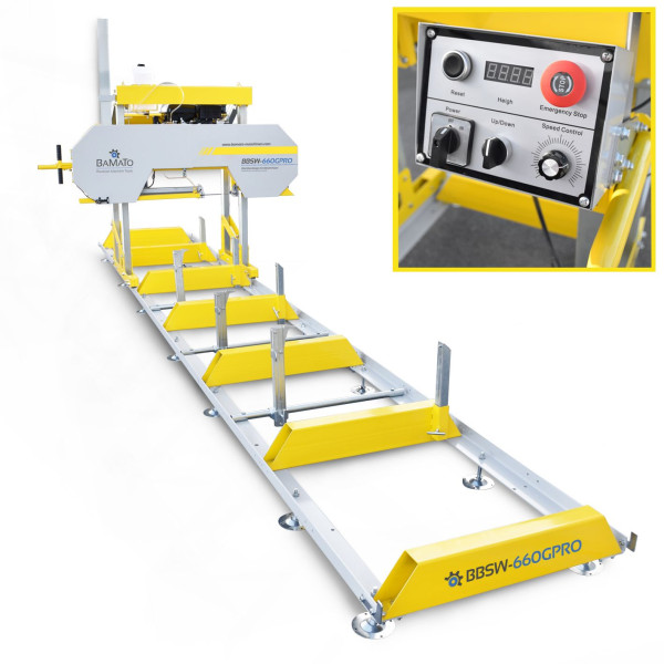 Scie à ruban BAMATO avec rail à rouleaux de 5,9 m (400 V), réglage électrique de la hauteur, affichage numérique de la hauteur, moteur à essence avec E-Start, BBSW-660GPRO