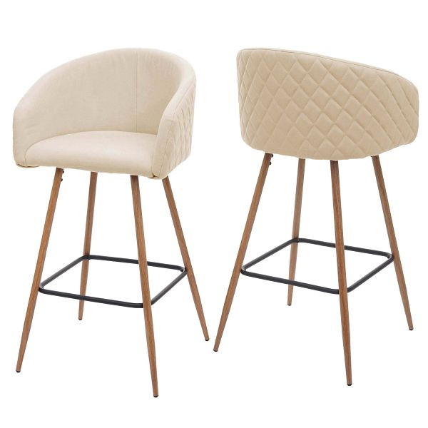 Mendler Lot de 2 tabourets de bar HWC-D72, tabouret de bar tabouret de bar tabouret de cuisine avec dossier, aspect métal bois, tissu/textile, beige crème, 75296