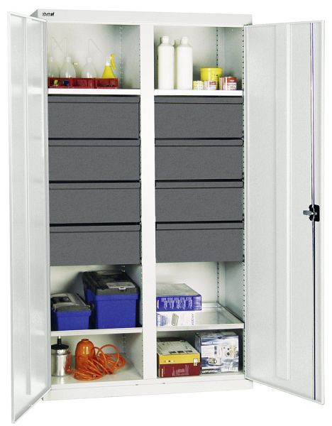 armoire à outils et matériel série 3000, 7035/7035, 8 tiroirs 200 mm, cloison centrale, 4 tablettes, 3004607