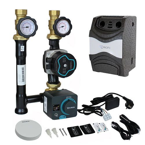 Groupe de pompes de circuit de chauffage Environ ProfiMix avec mélangeur à trois voies, servomoteur Clima 20+ Plus à compensation d'eau, EN001T250ECL20ECOS