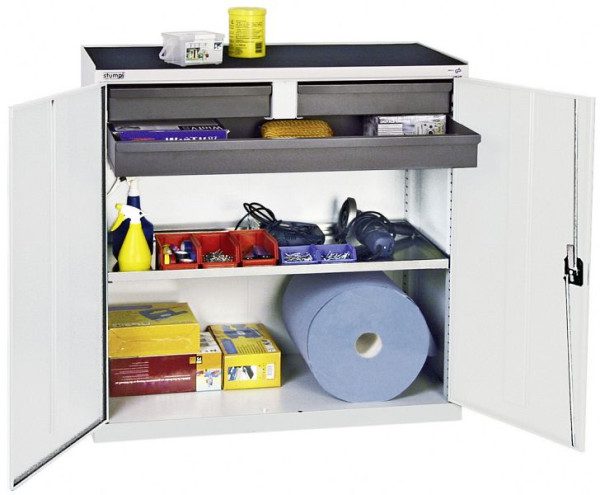 armoire à outils et matériaux contondants série 3000, 7035/7035, 2 tiroirs 100 mm, 1 tiroir 100 mm continu, 1 étagère à plateaux, 3007307