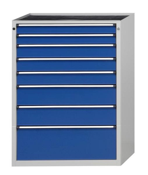 Armoire à tiroirs ANKE; 910 x 675 x 1280 mm; RAL 7035/5010; Baignoire avec tapis antidérapant; 8 tiroirs 90, 90, 120, 120, 120, 180, 180, 300 mm, 610.306