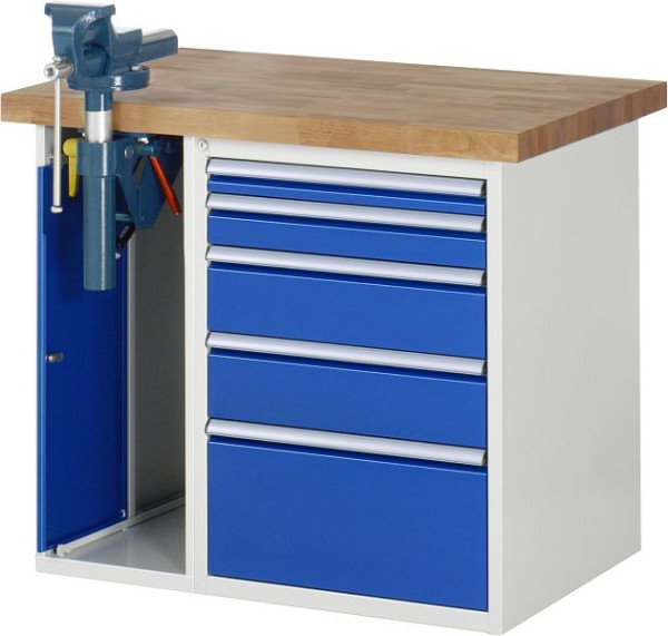 Etabli RAU série 7000 - conception modulaire, 5 x tiroirs, 1 x armoire à étaux, 1000x840x700 mm, 03-7511A2-107B4S.11