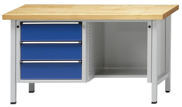Établi d'armoire ANKE; 1500x700mm; RAL 7035/5010; A gauche 3 tiroirs 180 mm; Plancher en retrait à droite