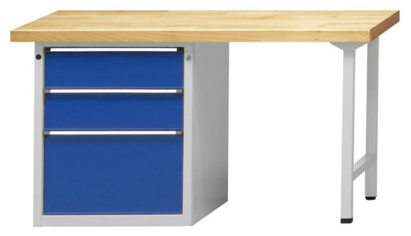 Établi combiné ANKE; 1500x700 mm; RAL 7035/5010; Élément bas gauche 660x615 mm, 3 tiroirs 180, 180, 360 mm