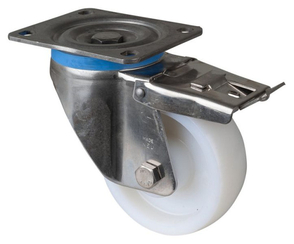 Roulette pivotante pour charges lourdes en acier inoxydable avec frein, roue en acier inoxydable, roue en plastique, roulement lisse, plaque à visser, diamètre 125 mm, HS120.A90.125