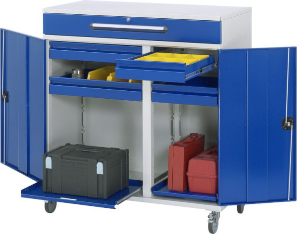 Bureau debout avec armoire latérale RAU - modèle 32, L1100xP520xH1185mm, avec jeu de roulettes, support central pour diviser la largeur d'installation, 07-1100T-M32F.11