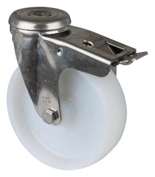 Rouleau de transport en acier inoxydable avec frein, largeur 34 mm, Ø125 mm, jusqu'à 130 kg, bande de roulement/corps de roue en plastique, roulement lisse, H121.A90.125