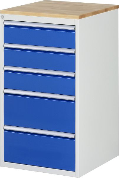 Armoire à tiroirs RAU série 7000, plan de travail en hêtre massif, 5 x taille de tiroir L 3xH150, 2xH240 mm, 580x1035x650 mm, 03-L7.4A-B.11