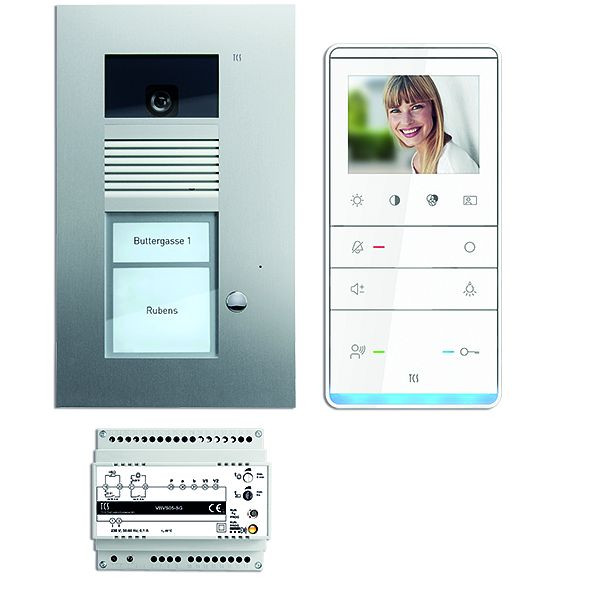 Vidéo du système de commande de porte TCS : pack UP pour 1 unité d'habitation, avec platine de rue AVU 1 bouton de sonnerie, 1x haut-parleur mains libres vidéo IVW5111, unité de contrôle, PVU17010-0010