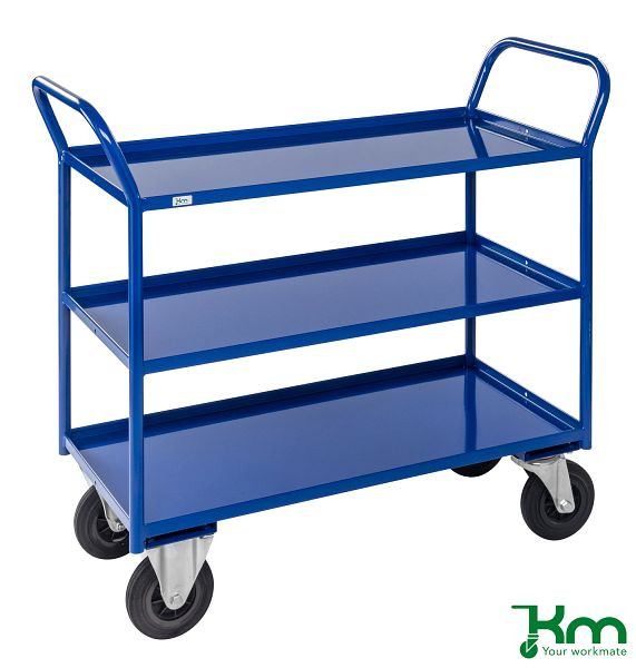 Kongamek Chariot 3 Tablettes Entièrement Soudé 1070x550x1000mm Bleu 2 Roulettes Fixes 2 Roulettes Pivotantes Avec Frein KM4176-BB
