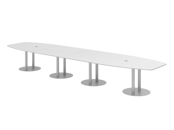 Table de conférence Hammerbacher KT52S, 520 x 130 cm, plateau : blanc, épaisseur 25 mm, avec quatre pieds colonnes argentés, 7,6/70 cm, hauteur de travail 74 cm, VKT52S/W/S